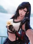 1boy 1girl absurdres artist_name black_hair black_skirt cloud_strife commentary crop_top elbow_gloves english_commentary final_fantasy final_fantasy_vii final_fantasy_vii_remake fingerless_gloves flower gloves hand_on_another's_cheek hand_on_another's_face hetero highres holding holding_flower long_hair looking_at_viewer midriff navel pov pov_hands red_eyes skirt spykeee suspender_skirt suspenders tifa_lockhart twitter_username web_address 