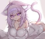  1girl :3 absurdres ahoge animal_ears ass boyfriend's_shirt breasts button_gap cat_ears cat_girl cat_tail cleavage closed_mouth collared_shirt commentary_request crossed_bangs double-parted_bangs dress_shirt hair_between_eyes highres hololive indoors large_breasts looking_at_viewer lying medium_hair messy_hair naked_shirt nekomata_okayu nekomata_okayu_(oversized_shirt) neroriei official_alternate_costume on_stomach purple_eyes purple_hair shirt single_off_shoulder solo tail virtual_youtuber white_shirt 