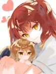  2girls bekkou_ame blonde_hair commentary_request hair_between_eyes heart highres knees_up long_hair medium_hair mini_person minigirl multiple_girls red_hair shirt simple_background two_side_up watashi_wo_tabetai_hitodenashi white_background white_shirt yaotose_hinako yashiro_miko yellow_eyes 