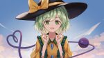  1girl black_hat buttons chunjiu collarbone commentary_request contrast_collar diamond_button green_eyes green_hair hands_up hat hat_ribbon highres komeiji_koishi looking_at_viewer open_mouth ribbon shirt short_hair smile solo teeth third_eye touhou upper_body upper_teeth_only wide_sleeves yellow_ribbon yellow_shirt 