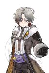  1boy black_gloves blue_eyes chest_harness closed_mouth coat commentary_request earrings fur-trimmed_coat fur-trimmed_sleeves fur_trim genshin_impact geo_symbol_(genshin_impact) gloves grey_hair harness highres illuga_(genshin_impact) jewelry long_sleeves male_focus mole mole_under_eye multicolored_coat multicolored_hair open_clothes open_coat oshi_sui01 purple_sash red_hair sash single_earring solo streaked_hair sweater turtleneck turtleneck_sweater two-tone_hair vision_(genshin_impact) white_background 