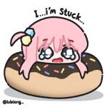  1girl blush bocchi_the_rock! chibi chibi_only commentary cube_hair_ornament donut english_text food gotoh_hitori hair_ornament highres lulalang mini_person minigirl pink_hair sad sprinkles stuck tears twitter_username untranslatable_commentary 