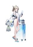  1girl absurdres alternate_costume animal_ears arknights arknights:_endfield bag bird_ears black_gloves breasts commentary_request full_body gloves grey_hair highres holding holding_tablet_pc jacket korean_commentary looking_at_viewer medium_breasts ness_(pjw0168) one-piece_swimsuit parted_lips perlica_(arknights) ponytail rolling_suitcase sandals shoulder_bag sidelocks simple_background solo suitcase swimsuit tablet_pc white_background white_jacket white_one-piece_swimsuit 