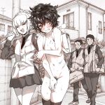  2boys 2girls bag blush braid breasts clenched_teeth closed_eyes clothed_female_nude_female clothed_male_nude_female commentary_request covering_breasts covering_crotch covering_privates embarrassed female_pubic_hair greyscale highres keuma long_sleeves looking_to_the_side marnie_(meitantei_marnie) meitantei_marnie messy_hair monochrome multiple_boys multiple_girls naked_school_attendance necktie nude open_mouth outdoors pants pubic_hair public_indecency public_nudity school_bag school_uniform shirt shoes short_hair skirt small_breasts smile sweat teeth thighhighs trembling vest wakashimazu_yurika 