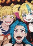  3girls arcane:_league_of_legends black_choker blonde_hair blue_eyes blue_hair blunt_bangs braid choker crossover dc_comics eyeshadow fangs hair_bun harley_quinn jinx_(league_of_legends) jpixeldigiart league_of_legends long_hair looking_at_viewer makeup messy_hair multiple_girls red_eyes school_uniform short_hair smile suicide_squad suicide_squad_isekai teeth toga_himiko twin_braids yellow_eyes 