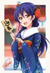  bangs blue_hair ca_ba_ya_ki commentary_request floral_print flower hair_between_eyes hair_flower hair_ornament holding japanese_clothes kimono long_hair looking_at_viewer love_live! love_live!_school_idol_project new_year open_mouth smile solo sonoda_umi wide_sleeves yellow_eyes 