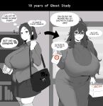  1girl 2024_pokemon_teraleak @_@ absurdres ahoge alternate_breast_size_(larger) arrow_(symbol) bag before_and_after blush book bottle breasts channeler_(pokemon) coco_(setawar) collared_shirt commentary dress english_commentary english_text flying_sweatdrops gastly gengar greyscale hair_between_eyes hairband hex_maniac_(pokemon) hex_maniac_(pokemon_xy) hex_maniac_(prototype)_(pokemon) highres holding holding_book holding_bottle huge_breasts long_dress long_hair long_sleeves looking_at_viewer meme milk_bottle monochrome moomoo_milk pokemon pokemon_red/green/blue/yellow pokemon_tower_ghost pokemon_x_and_y pokemon_x_and_y_(prototype) prototype_design shirt short_hair shoulder_bag skirt smile speech_bubble spot_color thought_bubble time_progression unown unownglyphics variant_set 