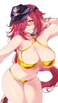  1girl absurdres alternate_costume bikini black_hat blush breasts caterina_(honkai:_star_rail) cleavage closed_mouth commentary commission gold_bikini hair_over_one_eye hand_in_own_hair hat highres honkai:_star_rail honkai_(series) large_breasts leaning_forward looking_at_viewer midori_(midori13579) navel red_hair simple_background smile solo stomach stomach_piercing swimsuit thighs visor_cap white_background yellow_eyes 