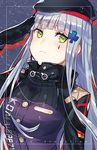  arm_up bad_id bad_pixiv_id bangs beret black_gloves black_hat blunt_bangs blush breasts closed_mouth clothes_writing copyright_name eyebrows_visible_through_hair facial_mark german_flag girls_frontline gloves green_eyes hair_ornament hairclip hat hk416_(girls_frontline) long_hair long_sleeves looking_at_viewer medium_breasts purple_background salute serious silver_hair solo straight_hair tiny_(tini3030) uniform upper_body 