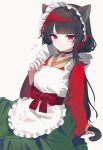  1girl alternate_costume animal_ear_fluff animal_ears apron bell black_choker black_hair cat_ears cat_girl cat_tail choker commentary_request dress frilled_apron frilled_headwear frills green_dress heart highres kotori_(fofjv56) looking_at_viewer mahou_shoujo_no_majo_saiban maid maid_day maid_headdress multicolored_hair neck_bell nikaido_hiro red_eyes red_shirt shirt solo tail white_apron 