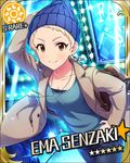  blonde_hair blush bonnet card_(medium) character_name idolmaster idolmaster_cinderella_girls jacket red_eyes senzaki_ema short_hair smile stars 