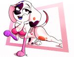 101_dalmatian_street 101_dalmatians 2025 abstract_background absurd_res aged_up all_fours anthro anthrofied big_breasts big_butt bikini biped black_markings black_nose blue_tongue breasts butt canid canine canis cleavage clothed clothing colored da_vinci_(101_dalmatians) dalmatian dated disney domestic_dog eyebrows fangs female female_anthro floppy_ears fur geometric_background hi_res long_ears mammal markings open_mouth pattern_background pink_bikini pink_bikini_bottom pink_bikini_top pink_clothing pink_swimwear pkbr4insh0ck_(artist) raised_eyebrow shaded signature simple_background solo spots spotted_body spotted_fur swimwear tail teeth tongue two-piece_swimsuit white_body white_fur year