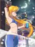  1girl aino_minako arm_behind_head arm_up armpits artist_name balcony bare_arms bishoujo_senshi_sailor_moon blonde_hair blue_bra blue_eyes blue_pants blurry blurry_background blush bow bra breasts closed_mouth coffee_mug commentary cowboy_shot crescent_moon cup drawstring earrings hair_bow highres holding holding_cup jewelry kagato007 legs_together long_hair looking_afar moon mug navel night outdoors pants patreon_username profile red_bow small_breasts snowing solo standing stomach underwear untranslatable_commentary variant_set very_long_hair watermark web_address wind yoga_pants 