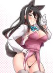  adapted_costume animal_ears black_hair black_panties blue_eyes blush bow breasts dog_ears dog_tail gloves grin groin hairband hand_on_hip highleg highres jacket kantai_collection large_breasts long_hair looking_at_viewer multicolored multicolored_eyes multicolored_hair naganami_(kantai_collection) panties pink_hair remodel_(kantai_collection) salute smile solo tail thighhighs underwear white_gloves yellow_eyes yoshi_tama 
