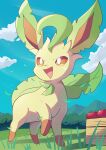  absurd_res ambiguous_gender brown_markings brown_nose cloud colored digital_drawing_(artwork) digital_media_(artwork) eeveelution feral food fruit fur generation_4_pokemon grass hi_res komanyachi leaf leaf_ears leaf_tail leafeon low-angle_view markings nintendo open_mouth open_smile plant pokemon pokemon_(species) pupils quadruped shaded sky smile solo standing tail tomato white_pupils yellow_body yellow_eyes yellow_fur 