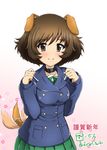  absurdres afterimage akiyama_yukari animal_ears bangs blue_coat blush breasts brown_eyes brown_hair chinese_zodiac choker closed_mouth collar commentary_request diesel-turbo dog_ears dog_tail eyebrows_visible_through_hair floral_background girls_und_panzer gradient gradient_background green_skirt highres kemonomimi_mode long_sleeves looking_at_viewer medium_breasts messy_hair nengajou new_year ooarai_school_uniform paw_pose pink_background pleated_skirt pocket school_uniform short_hair skirt smile solo standing tail tail_wagging translated twitter_username uniform upper_body w_arms winter_uniform year_of_the_dog 