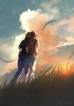  2boys absurdres black_shirt blue_oak brown_hair cloud commentary_request falling_leaves from_below grass hat highres leaf male_focus multiple_boys outdoors pants pokemon pokemon_firered_and_leafgreen purple_pants red_(pokemon) red_hat red_vest shirt shiruko_(s1ruko) short_sleeves sky standing sun sunset twilight twitter_username vest wristband 