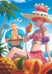  1boy 1girl aqua_eyes armlet beach bikini blue_eyes blue_sky blunt_bangs blush bracelet breasts brown_hair cloud cup day dress drink drinking_straw earrings english_text food fruit glass glasses grapes hair_bun hat hawaiian_shirt highres holding holding_food holding_tray honey_(ring_fit_adventure) hubby_(ring_fit_adventure) jewelry juice leg_ribbon leg_up lemon male_swimwear melon midriff navel ocean open_clothes open_shirt orange_(fruit) orange_slice outdoors palm_tree pineapple pink_bikini pink_hair pink_skirt ribbon ring ring_fit_adventure shirt short_hair single_hair_bun sitting skirt sky sleeveless smile smoothie stup-jam sun_hat sunglasses swimsuit tinted_eyewear tray tree 