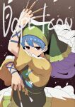  1girl apron arm_ribbon arm_up between_fingers blue_hair blue_ribbon breasts chisel commentary_request covered_mouth dot_nose dress flower frilled_dress frilled_headwear frills from_above gradient_background green_apron green_headscarf hand_up haniyasushin_keiki headscarf highres holding holding_tool jitome kapuri_(capuriwa) long_hair looking_at_viewer medium_breasts mixed_holding object_in_pocket pocket raised_eyebrows red_eyes ribbon short_sleeves simple_background single_strap solo standing tools touhou white_flower wide_sleeves wood_carving_tool yellow_dress 