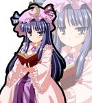  bangs big_eyes book bow closed_mouth commentary_request crescent dress eyebrows_visible_through_hair hair_ornament highres holding holding_book kinagi_yuu long_hair multicolored multicolored_clothes multicolored_dress multiple_views patchouli_knowledge purple_eyes purple_hair red_bow simple_background touhou very_long_hair white_background 