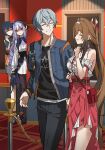  1boy 3girls angry belle_(zenless_zone_zero) black_jacket breasts brother_and_sister closed_eyes commentary_request cracked_skin dress earrings grey_hair highres jacket jewelry long_hair movie_theater multiple_girls nao_(naoooo_a) open_clothes pink_dress siblings vivian_banshee white_dress wise_(zenless_zone_zero) ye_shunguang ye_shunguang_(touch_of_dawnlight) zenless_zone_zero 