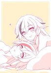  2girls closed_mouth commentary_request fu_hua fu_hua_(phoenix) herrscher_of_sentience herrscher_of_sentience_(onyx_simurgh) highres honkai_(series) honkai_impact_3rd long_hair looking_at_viewer lying mon_momu multiple_girls on_back on_stomach pillow polka_dot polka_dot_background smile upper_body white_hair 
