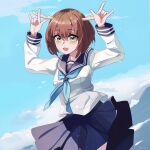  1girl :3 :d \||/ absurdres antlers blue_neckerchief blue_sailor_collar blue_skirt blue_sky blush bob_cut brown_hair cloud commentary cowboy_shot day deer_antlers deer_girl eyes_visible_through_hair green_eyes hair_between_eyes hands_up highres horns long_sleeves looking_at_viewer medium_hair miniskirt neckerchief outdoors pleated_skirt sailor_collar sailor_shirt school_uniform serafuku shikanoko_noko shikanoko_nokonoko_koshitantan shirt skirt sky smile solo white_shirt wutong_mingye 
