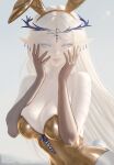  1girl absurdres alternate_costume animal_ears bare_shoulders black_pantyhose blonde_hair blue_eyes blush breasts cartethyia_(wuthering_waves) earrings fake_animal_ears gold_leotard highres jewelry leotard long_hair looking_at_viewer meme multiple_earrings myaumue pantyhose parted_bangs playboy_bunny pointy_ears rabbit_ears sidelocks solo strapless strapless_leotard tacet_mark_(wuthering_waves) tap_me_(meme) very_long_hair wuthering_waves 