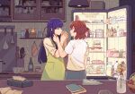  2girls aijo_karen blush bottle brown_eyes brown_hair closed_eyes closed_mouth commentary_request cup drinking drinking_glass food food_packaging fruit_basket glass holding holding_cup indoors juice kitchen lamp long_hair long_sleeves multiple_girls orange_juice purple_hair refrigerator sapphi_(sky_dreamsky) shirt short_hair short_sleeves shoujo_kageki_revue_starlight smile spatula standing t-shirt toaster tsuyuzaki_mahiru two_side_up white_shirt yuri 