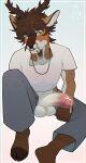 absurd_res anthro antlers balls big_penis bodily_fluids bottomwear brown_body brown_fur brown_hair clothed clothing deer ear_piercing ear_ring elliott_(elliottdeer) facial_piercing foreskin fur genital_fluids genitals green_eyes grey_bottomwear grey_chain grey_clothing grey_pants hair hi_res horn kiai lip_piercing male mammal pants penis piercing precum ring_piercing shirt slim solo throbbing topwear white_balls white_body white_clothing white_fur white_shirt white_topwear