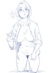  absurdres blush bottomless breasts commentary_request facial futoshi_slim greyscale highres kneeling large_breasts monochrome open_clothes open_shirt original pubic_hair shirt short_hair sketch solo 