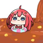  1girl :3 ahoge akino_ell bare_arms bare_shoulders bikini blue_eyes blush chibi closed_mouth commentary_request food food_request go-toubun_no_hanayome hair_ornament holding holding_spoon in_food innertube long_hair mini_person minigirl nakano_itsuki red_bikini red_hair simple_background solo spoon star_(symbol) star_hair_ornament swim_ring swimsuit white_background 