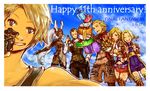  3boys 3girls ^_^ animal_ears anniversary armor ashelia_b'nargin_dalmasca balflear basch_fon_ronsenburg bikini_armor blonde_hair blue_eyes blue_sky blush boots bouquet box breasts bunny_ears champagne_bottle cleavage closed_eyes commentary_request dark_skin dated day facial_hair final_fantasy final_fantasy_xii fingerless_gloves flower fran gift gift_box gloves goatee group_picture hair_slicked_back headgear medium_breasts miniskirt mochi_(hanamaruudondesu) multiple_boys multiple_girls over-kneehighs pauldrons penelo red_eyes see-through self_shot silver_hair skirt sky smile sweatdrop thigh_boots thighhighs unitard vaan viera 