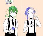  androgynous black_neckwear blue_flower euclase_(houseki_no_kuni) flower gem_uniform_(houseki_no_kuni) green_eyes green_hair hair_ornament hair_rings heterochromia houseki_no_kuni hungry_jamal jade_(houseki_no_kuni) korean long_hair multicolored_hair multiple_others necktie shirt short_hair short_sleeves shorts smile suspender_shorts suspenders white_shirt 