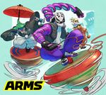  2018 2boys aqua_background arms_(game) bangs beanie blonde_hair chain commentary_request domino_mask food goggles green_eyes green_hair hat helmet highres ishikawa_masaaki japanese_clothes kid_cobra kimono logo long_hair looking_at_viewer male_focus mask min_min_(arms) multiple_boys new_year ninjara_(arms) noodles official_art ponytail short_hair simple_background smile 