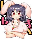  :3 animal_ears between_breasts black_hair blush breasts bunny bunny_ears carrot_necklace crossed_arms dress highres inaba_tewi medium_breasts red_eyes short_hair solo touhou umigarasu_(kitsune1963) wavy_hair white_dress 