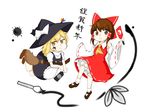  :&gt; akeome annoyed blonde_hair bobby_socks brown_eyes brown_hair commentary_request defeat dress facepaint frown hakurei_reimu happy_new_year hat insuu0511 kirisame_marisa mary_janes multiple_girls new_year paddle paintbrush shoes short_hair smile socks touhou translated v-shaped_eyebrows witch_hat yellow_eyes 
