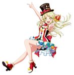  :d absurdres arm_up back_bow bang_dream! black_hat black_shorts blonde_hair blush bow breasts cleavage clothes_writing earrings eyebrows_visible_through_hair floating_hair frills from_side full_body hat hat_bow high_heels highres holding jewelry long_hair medium_breasts open_mouth pom_pom_(clothes) red_bow see-through short_shorts shorts simple_background sleeveless smile smiley_face solo tsurumaki_kokoro white_background yellow_eyes 