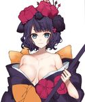  :3 bangs bare_shoulders black_hair black_kimono blue_eyes blunt_bangs breasts cleavage closed_mouth collarbone fate/grand_order fate_(series) flower hair_flower hair_ornament hair_stick hairpin hanakeda_(hanada_shiwo) holding holding_staff japanese_clothes katsushika_hokusai_(fate/grand_order) kimono large_breasts long_sleeves looking_at_viewer obi off_shoulder open_clothes open_kimono sash short_hair signature simple_background smile smug solo staff upper_body v-shaped_eyebrows wavy_hair white_background 