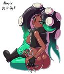  balls beauty_mark boots butt clothing cum dark_skin dickgirl erection footwear green_eyes intersex jacket legwear looking_back marina_(splatoon) masturbation neayix nintendo octoling penile_masturbation penis simple_background sitting solo splatoon tentacle_hair tentacles thigh_highs video_games white_background 