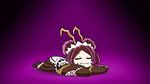  1girl antenna chibi entoma_vasilissa_zeta eyes_closed insect_girl kimono maid monster_girl on_ground overlord_(maruyama) purple_background purple_hair simple_background sleeping 