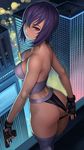  absurdres ass bangs bare_shoulders black_gloves blurry blush bokeh breasts building city cleavage closed_mouth covered_nipples depth_of_field expressionless fingerless_gloves from_behind ghost_in_the_shell gloves gumroad_reward gun hair_between_eyes handgun highres holding holding_gun holding_weapon huge_filesize kusanagi_motoko lasterk leather leather_gloves leotard leotard_pull looking_at_viewer medium_breasts outdoors paid_reward pistol pulled_by_self purple_hair red_eyes short_hair solo standing thick_thighs thighhighs thighs trigger_discipline tsurime weapon white_legwear 