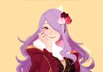  camilla_(fire_emblem_if) commentary english_commentary fire_emblem fire_emblem_if flower gold_trim hair_flower hair_ornament hair_over_one_eye japanese_clothes kanzashi long_hair looking_at_viewer no_lineart ohprcr purple_hair signature simple_background smile solo upper_body 