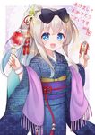  blue_eyes bow candy_apple cowboy_shot flower food hair_bow hair_flower hair_ornament japanese_clothes kimono long_hair looking_at_viewer open_mouth original ponytail scarf silver_hair solo standing yatsuki_yura 