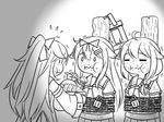  ahoge bound chain chained closed_eyes commentary eating feeding flying_sweatdrops food greyscale guin_guin hair_flaps hair_ornament hairclip kantai_collection lantern lock long_hair monochrome multiple_girls neckerchief remodel_(kantai_collection) sailor_collar school_uniform serafuku sharing_food shigure_(kantai_collection) tied_up yamakaze_(kantai_collection) yuudachi_(kantai_collection) 