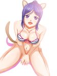  10s 1girl animal_ears bikini blue_hair breasts cat_ears cleavage from_above kemonomimi_mode kneeling large_breasts long_hair looking_at_viewer looking_up love_live! love_live!_sunshine!! matsuura_kanan navel open_mouth ponytail purple_eyes shadow simple_background solo striped striped_bikini swimsuit tail white_background yoshi_futo 