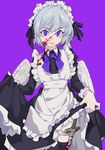  absurdres ahoge apron biting black_legwear blood blood_on_face bloody_clothes bloody_weapon bow broken broken_sword broken_weapon cowboy_shot dress dress_lift fang feathered_wings flat_chest highres holster lip_biting maid maid_apron maid_headdress mini_wings nail_polish pointy_ears purple_background purple_eyes purple_nails rye-beer silver_hair skirt_hold slit_pupils solo sword thigh_holster thighhighs weapon wings 