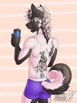  blue_eyes bottle boxer_briefs canine clothed clothing danny_thomas dog husky looking_at_viewer looking_over_shoulders male mammal simple_background solo topless underwear vallhund watermark 