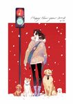  ajimita bag black_legwear boots brown_eyes brown_hair coat commentary_request dog dog_walking english fur_trim happy_new_year holding leash long_sleeves looking_at_viewer new_year original outdoors pantyhose ponytail profile purple_footwear red_background shoulder_bag signature sleeves_past_wrists snowing standing traffic_light winter_clothes winter_coat 