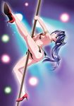 absurdres armlet ass bangs blue_hair blush breasts cleavage eyebrows_visible_through_hair high_heels highres huge_filesize jewelry large_breasts leg_up long_hair looking_at_viewer maken-ki! nijou_aki official_art open_mouth parted_lips pole pole_dancing ponytail scan smile solo stripper_pole sweat takeda_hiromitsu tiara 